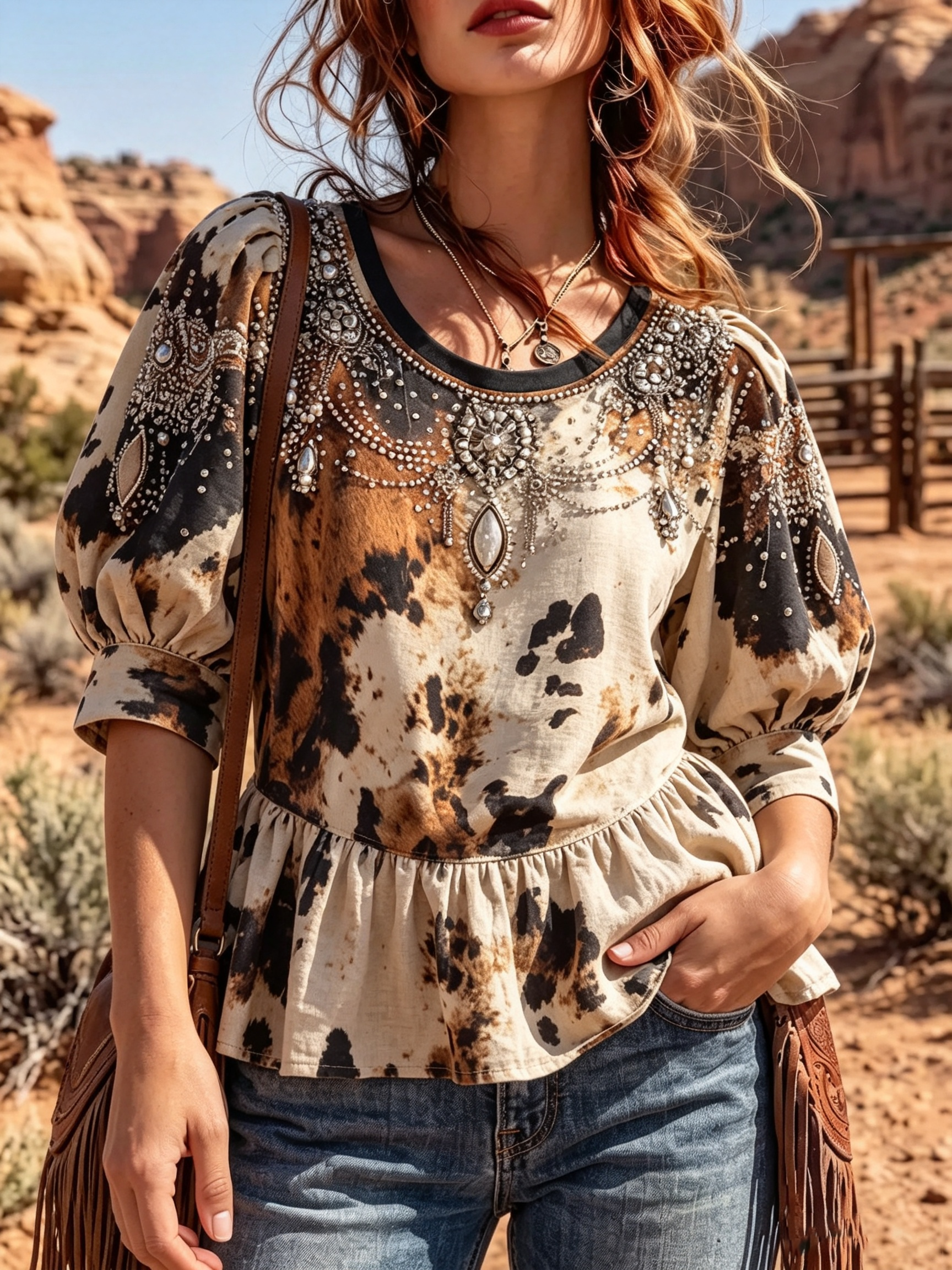 Cow Print Rhinestone Embellished Peplum Top