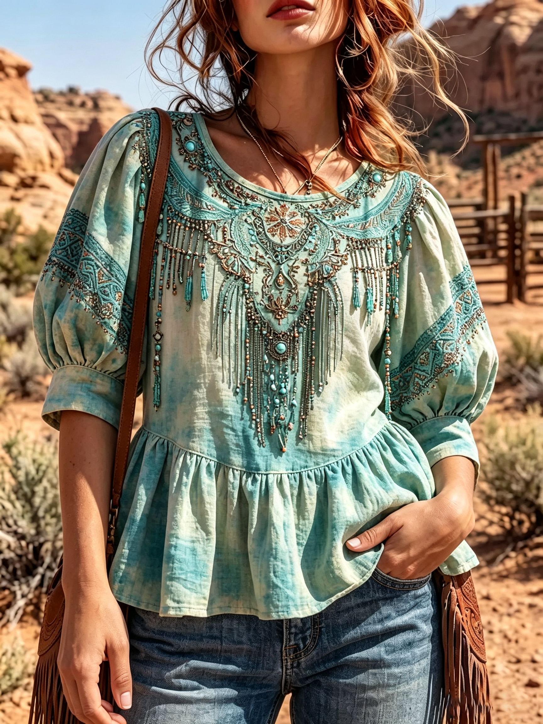 Turquoise Tie-Dye Beaded Fringe Puff Sleeve Top