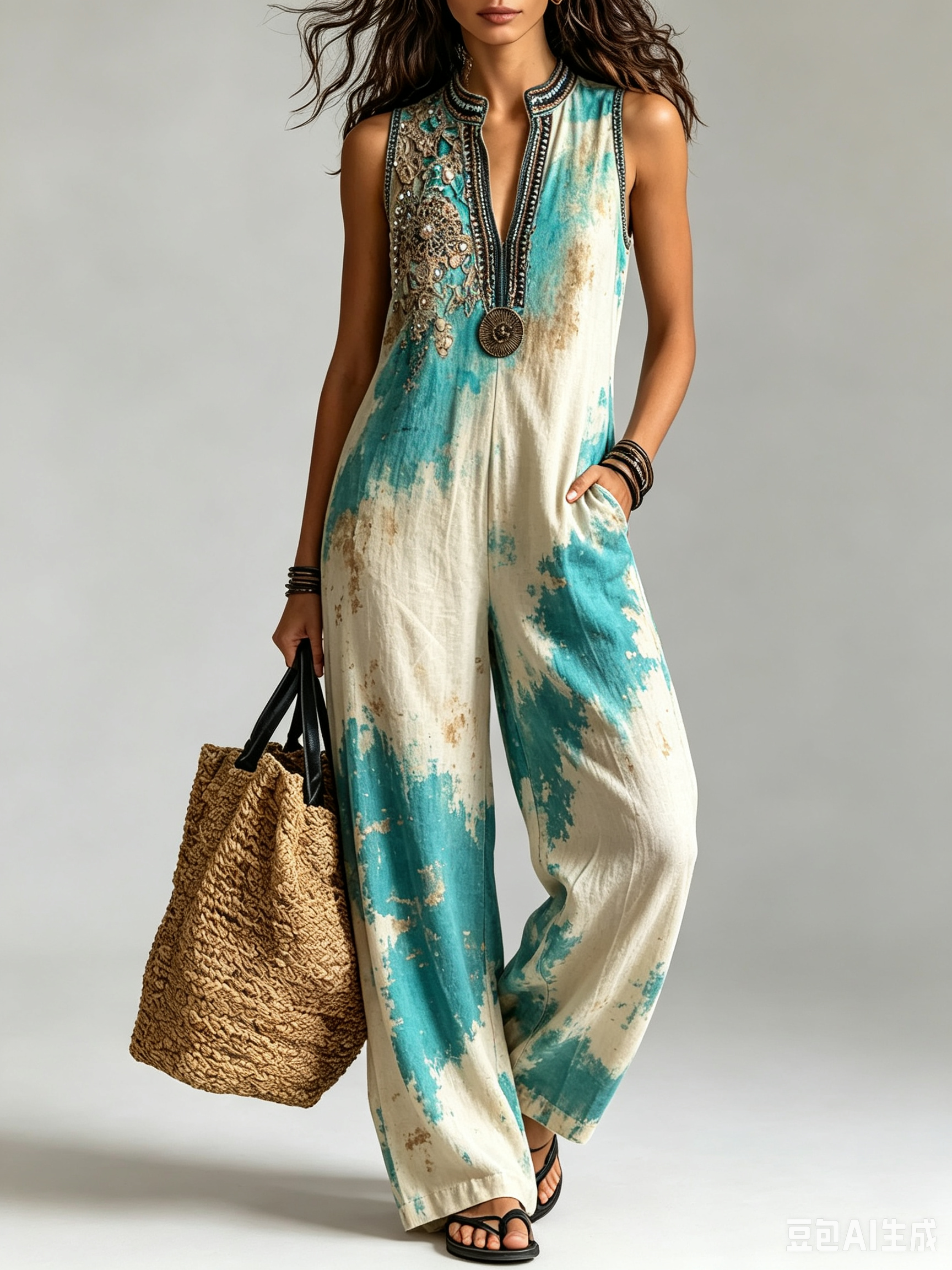 Turquoise Tie-Dye Embellished Sleeveless Jumpsuit