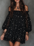 Black Star Print Off-Shoulder Smocked Mini Dress