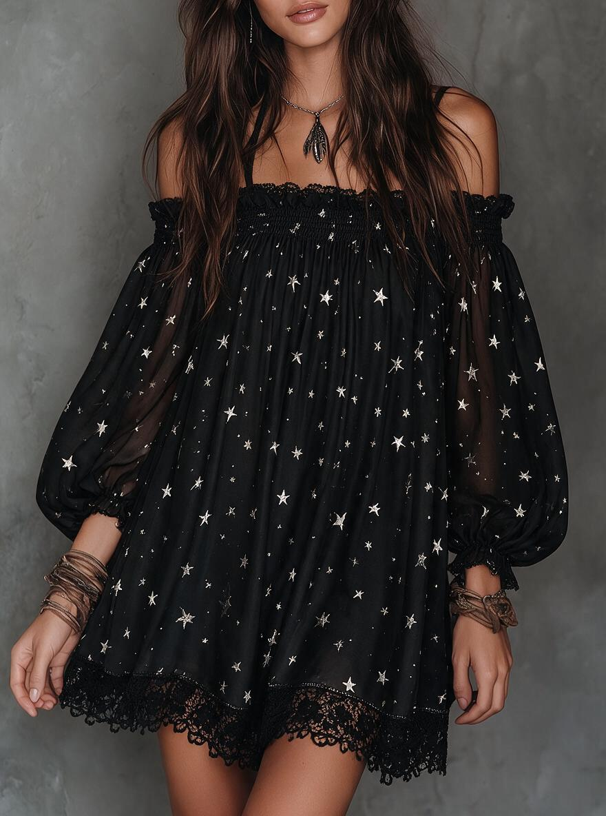 Black Star Print Off-Shoulder Smocked Mini Dress