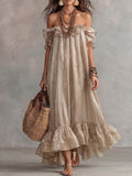 Champagne Off-Shoulder Tiered Ruffle Maxi Dress