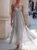 Silver Sequin Sweetheart Pleated Maxi Gown