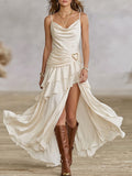 Ivory Cowl Neck Heart Buckle Ruffle Maxi Dress