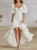 White Puff Sleeve Corset Ruffle High-Low Dress