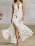 White Halter Draped Crescent Buckle Maxi Dress