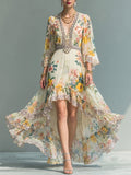Cream Floral Print Embellished High-Low Dress