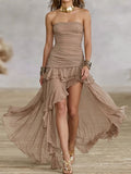 Taupe Strapless Ruched High-Low Maxi Dress