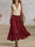 Beige Smocked Top And Burgundy Tiered Lace Skirt Set