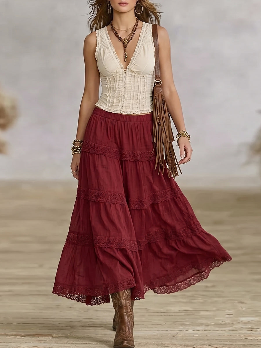 Beige Smocked Top And Burgundy Tiered Lace Skirt Set