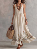 Beige Floral Embroidered V-Neck Sleeveless Maxi Dress