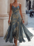 Tie-Dye Blue Pleated Spaghetti Strap Maxi Dress