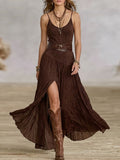 Brown Pleated Halter Neck High-Slit Maxi Dress
