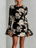 Black Sheer Sleeve 3D Floral Applique Mini Dress