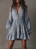 Blue Pinstripe Ruffled Tiered Mini Dress