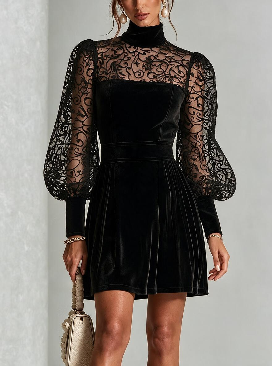 Black Velvet Sheer Lace Sleeve Mini Dress