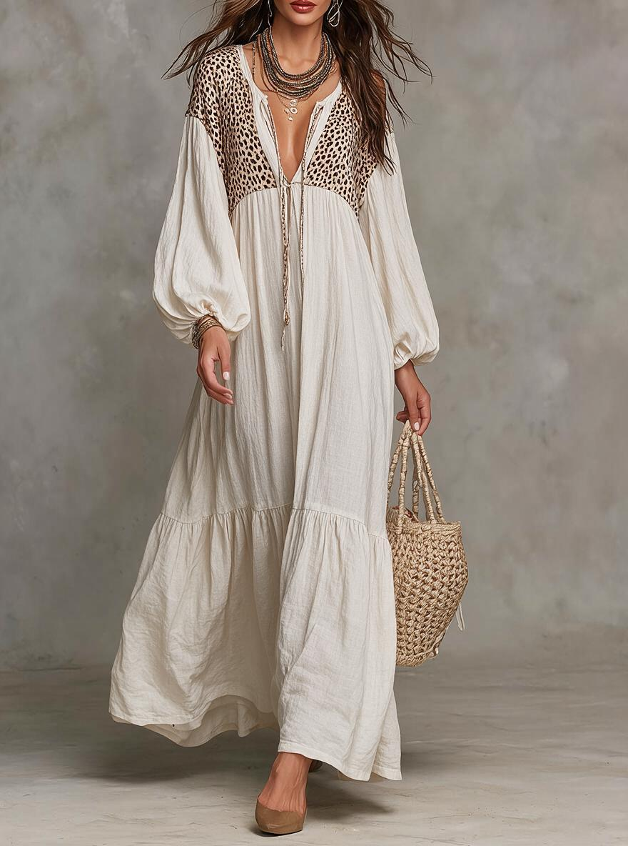 Leopard Patchwork Tie-Front Maxi Dress
