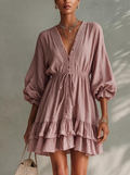 Dusty Rose Balloon Sleeve Drawstring Mini Dress