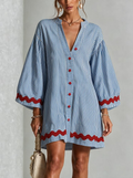 Blue Stripe Red Wave Trim Button-Front Mini Dress