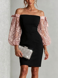 Black Off-Shoulder Lace Bow Sleeve Mini Dress