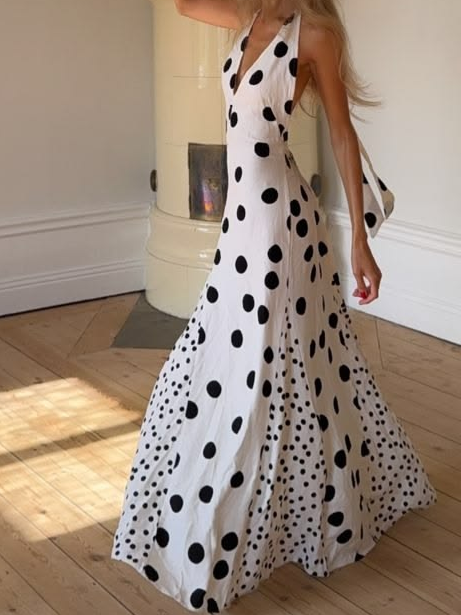 Black And White Polka Dot Halter Maxi Dress