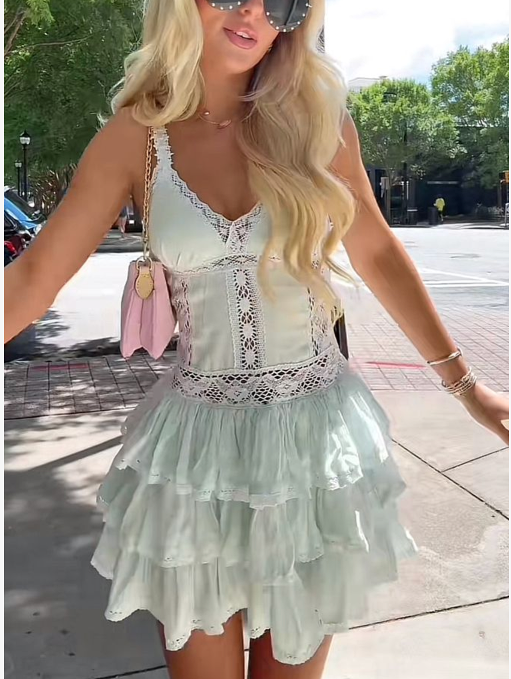 Mint Green Lace Trim Tiered Mini Dress