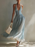 Ice Blue Halter Lace-Up Maxi Dress