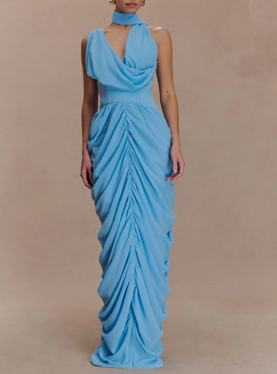 Sky Blue Cowl Neck Choker Maxi Dress