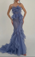 Dusty Blue Strapless Ruffle Mermaid Dress
