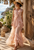 Sleeveless V-Neck Cascading Tiered Ruffle Maxi Dress