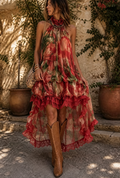 Halter Tiered Lace Trim Hi-Low Maxi Dress