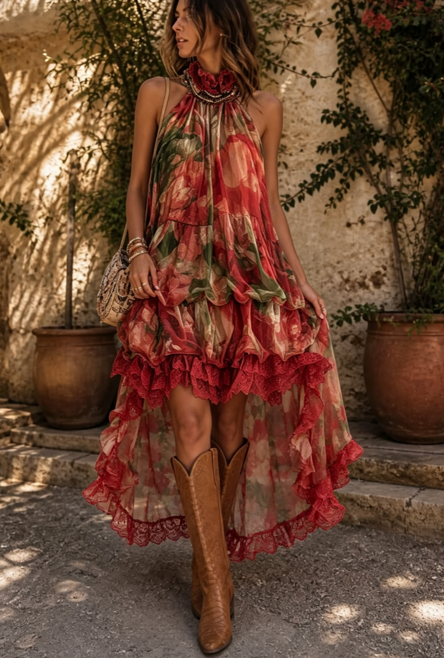 Halter Tiered Lace Trim Hi-Low Maxi Dress