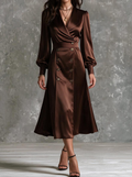 Chocolate Satin Double-Breasted Midi Dress