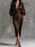 Chocolate Satin Ruched Button Midi Dress