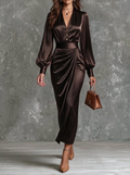 Chocolate Satin Wrap Front Midi Dress