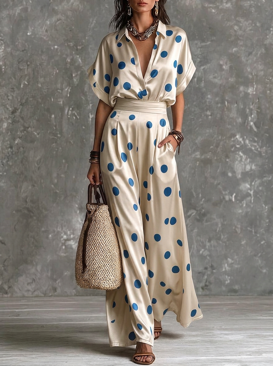 Cream And Blue Polka Dot Satin Jumpsuit