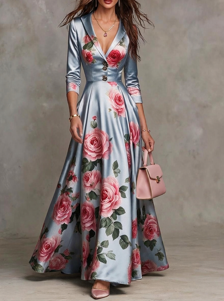 Light Blue Rose Print Satin Maxi Dress
