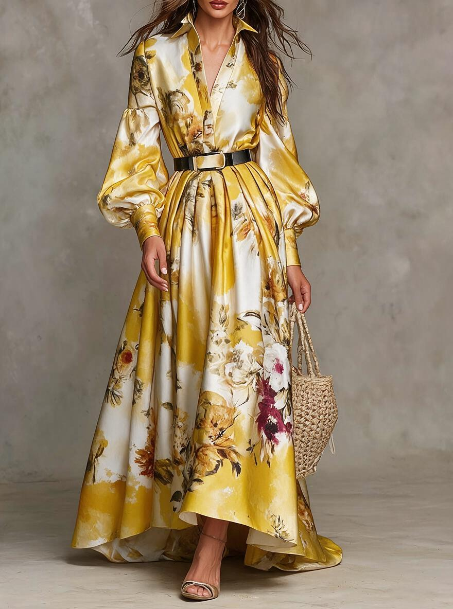 Yellow Floral Satin Belted Maxi Dress