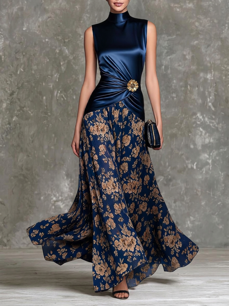 Navy Satin Floral High Neck Gown