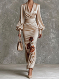 Champagne Satin Wrap Midi Dress With Rose Print