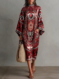Red Boho Ethnic Print Loose Kaftan Dress