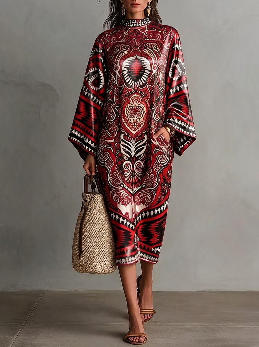 Red Boho Ethnic Print Loose Kaftan Dress
