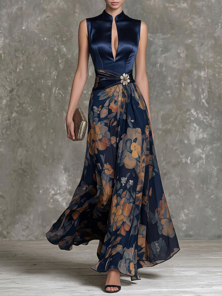 Navy Satin Two-Tone Floral Maxi Dress