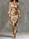 Champagne Satin Wrap Dress With Rose Detail