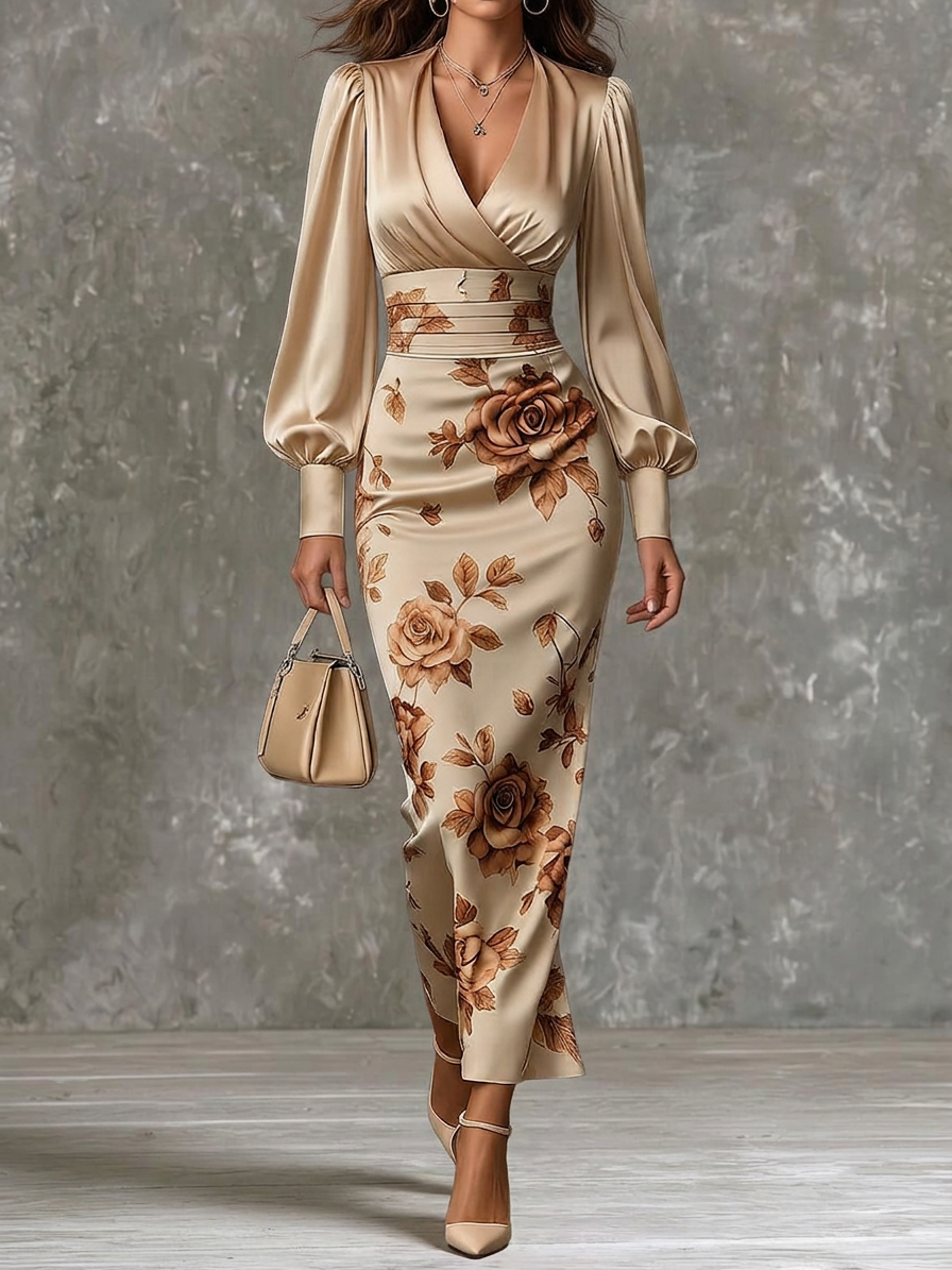 Champagne Satin Wrap Dress With Rose Detail