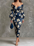 Navy Off-Shoulder Floral Print Satin Dress
