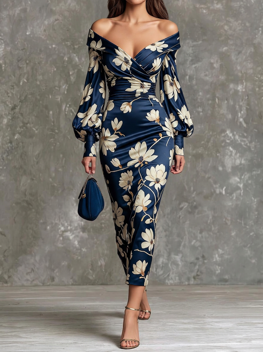 Navy Off-Shoulder Floral Print Satin Dress