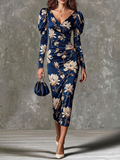 Navy Floral Wrap Neck Midi Dress