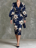 Navy Floral Print Balloon Sleeve Midi Dress