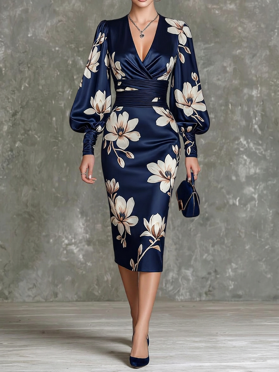 Navy Floral Print Balloon Sleeve Midi Dress